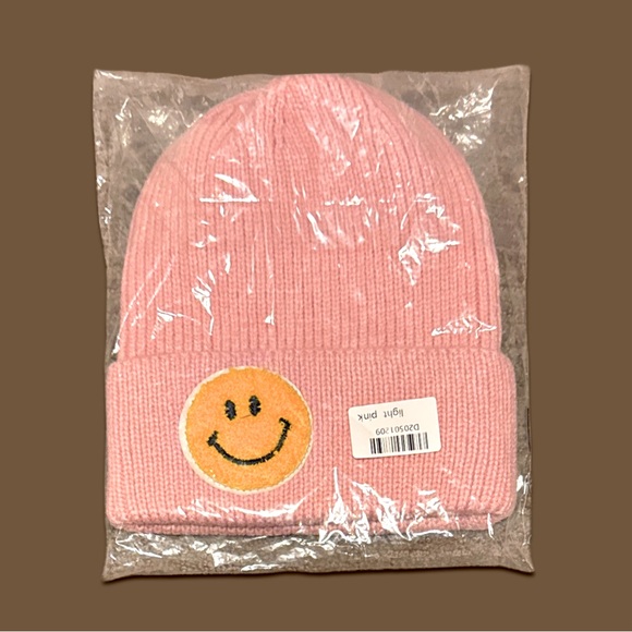 Smiley Face Pink Ribbed Knit Winter Hat - Picture 4 of 10